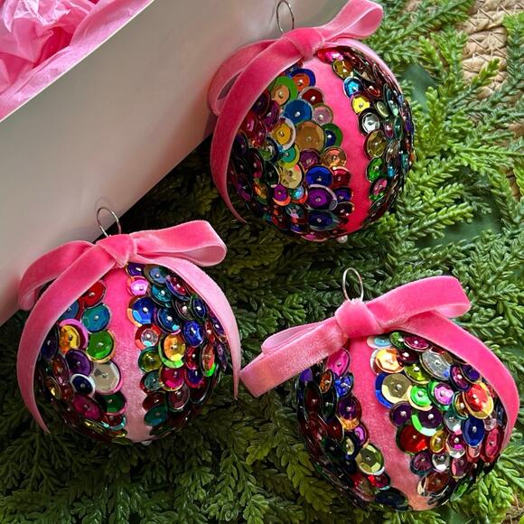 Sequin Ball Push Pin Christmas Ornaments Multicolored Pink Velvet Bow Set of 3 - Picture 1 of 5